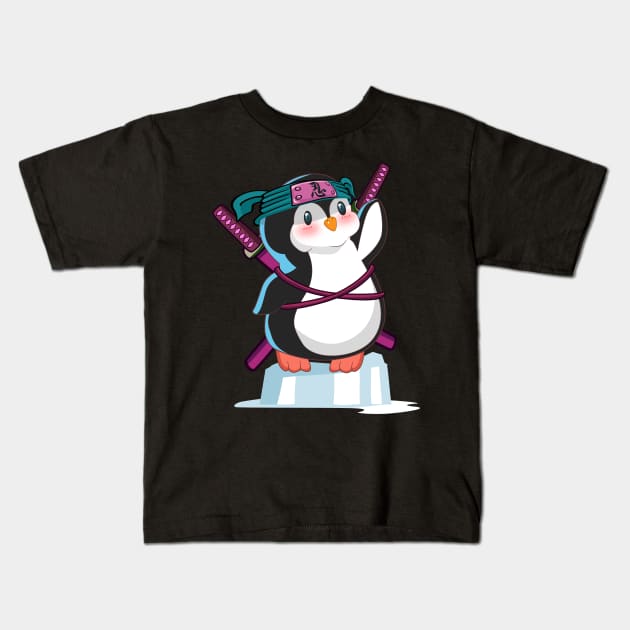 Ninja Warrior Penguin Chibi Anime Kids T-Shirt by TheBeardComic